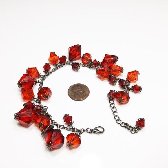 Red Lucite Beaded Bracelet, Cluster Dangle Beads, 7 Inches - Picture 8 of 8